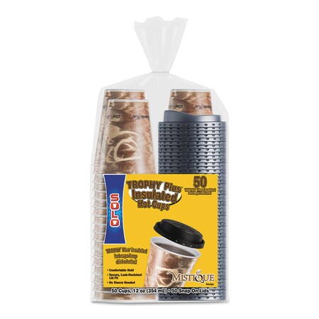 Dart Bistro Hot/Cold Foam Cups With Lids, 12 oz, Brown, PK50 PK FSX12-0029